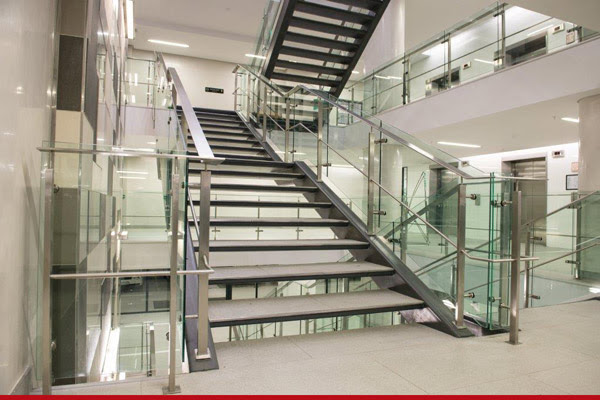 framed glass balustrades manufactured and installed by steel studio in a commercial building